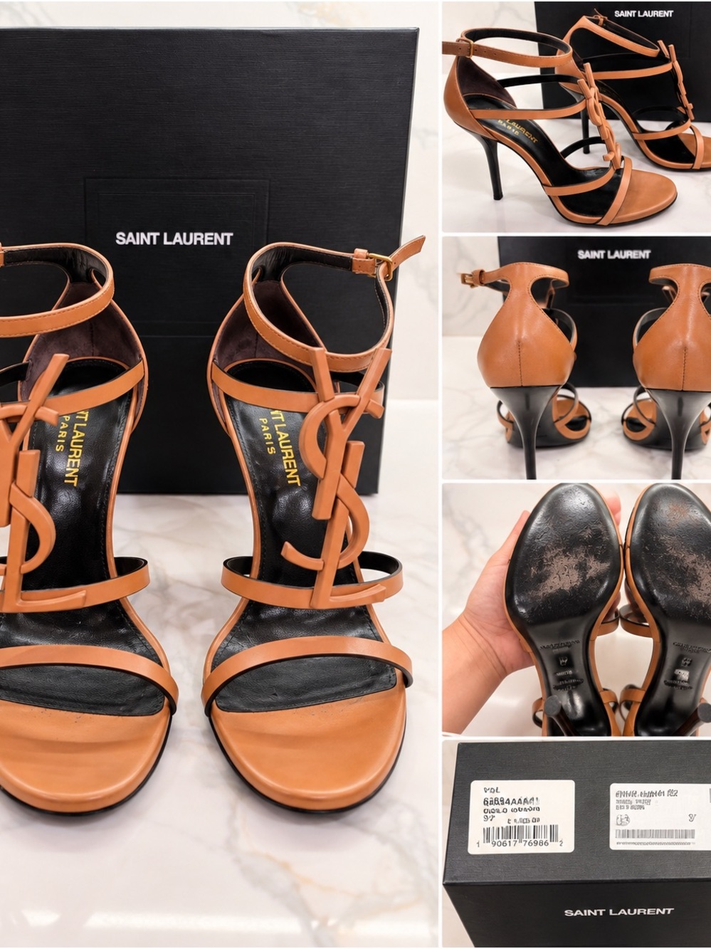 Saint Laurent Brown Leather YSL Strappy Stiletto Sandals